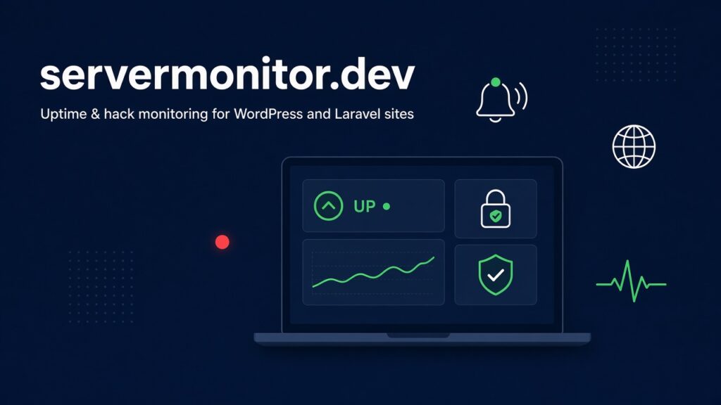 ServerMonitor.dev graphic of a laptop showing uptime and security monitoring